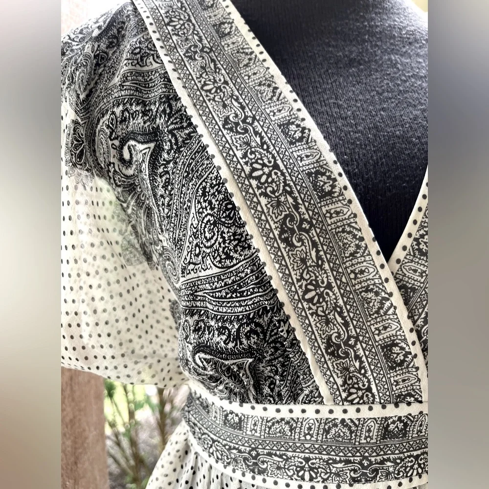 Vintage Adrianna Papell Silk Sheer Ivory & Black Polka Dot Flutter Sleeve Dress - Picture 5 of 12